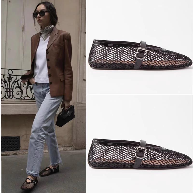 French-Style Hollow Fishnet Ballet Shoes Women'S Summer Outfit One-Character Buckle Flat Shallow Mesh Shoes - Image 4